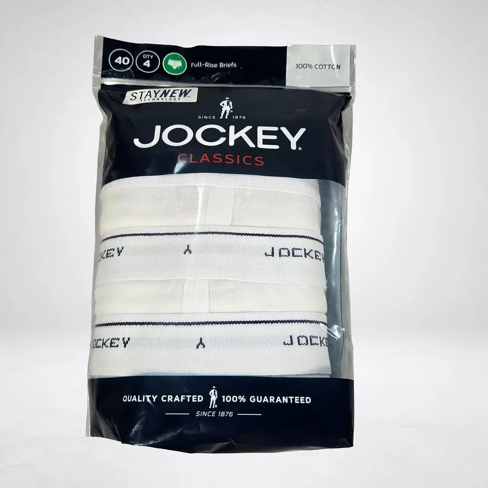 Jockey Classics Mens Full-Rise Briefs Size 40 4 Pack White 100% Cotton New